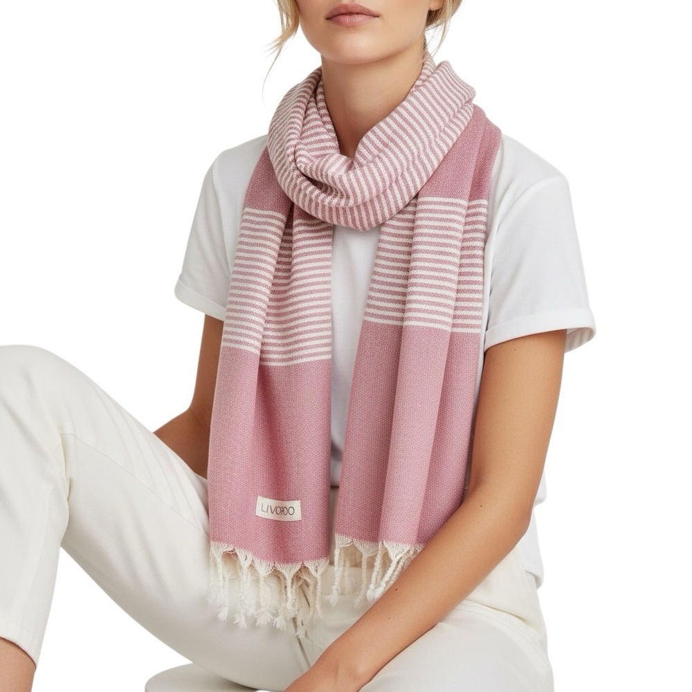 Livordo Turkish Lightweight Pink White Absorbent 100% Cotton 70”x39” Towel Wrap